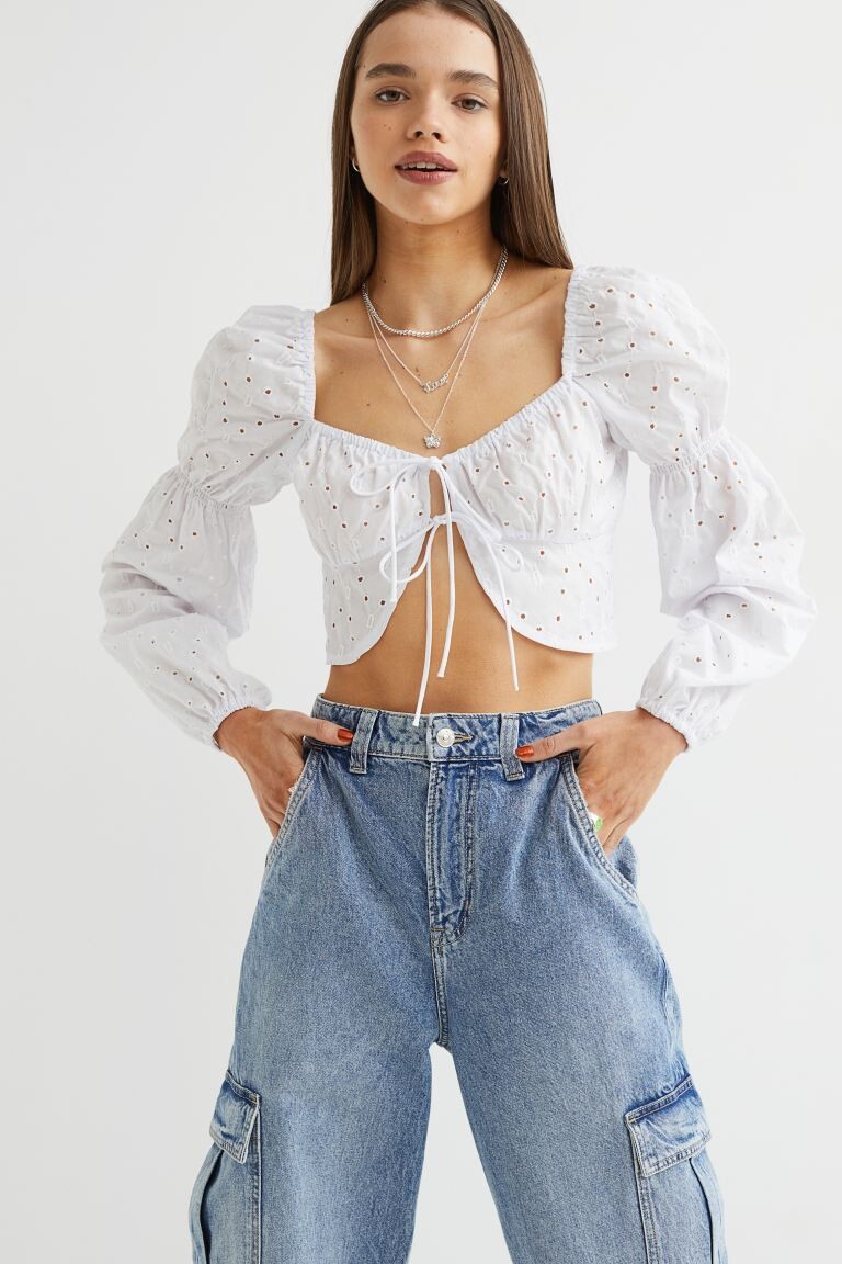 

Блузка с окантовкой и длинными рукавами H&M, белый