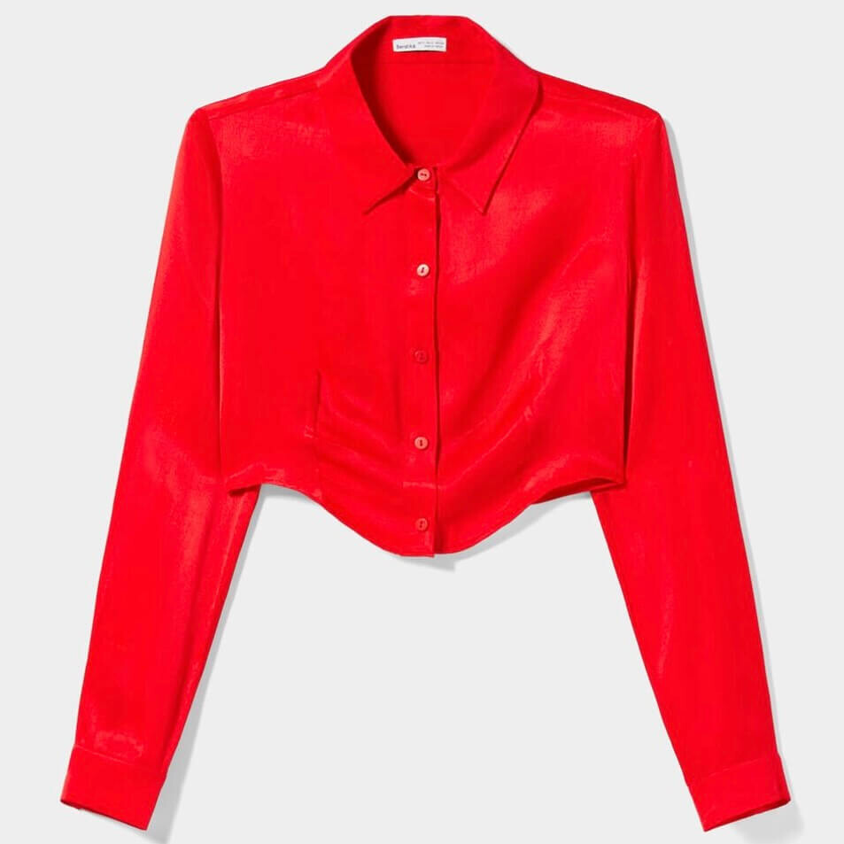 

Рубашка Bershka Long Sleeve Cropped Fitted Satin, красный