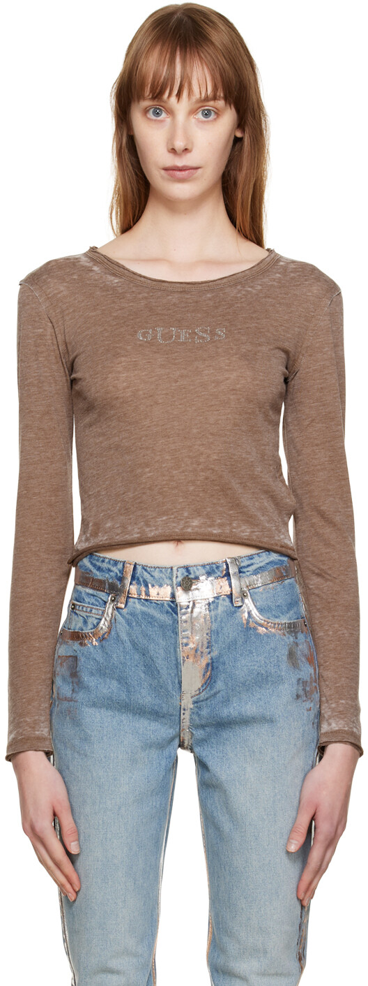

Коричневая футболка с длинным рукавом с круглым вырезом Guess Jeans U.S.A.