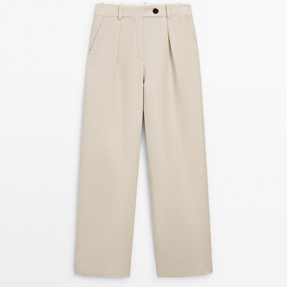 Брюки Massimo Dutti 100% Linen Wide-leg Suit With Darts, бежевый костюмные брюки из льна свободного кроя h