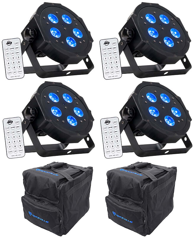 

(4) American DJ ADJ MEGA HEX PAR Can RGBWA + UV Slim LED Wash Light Up-Lights + Bags (4) MEGA HEX PAR+(2) RLB40