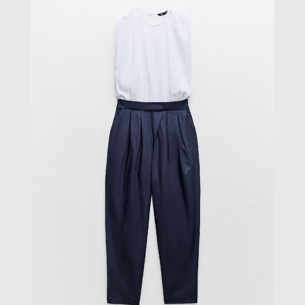 Комбинезон Zara With Contrast Poplin, темно-синий/белый рубашка zara contrast knit poplin белый