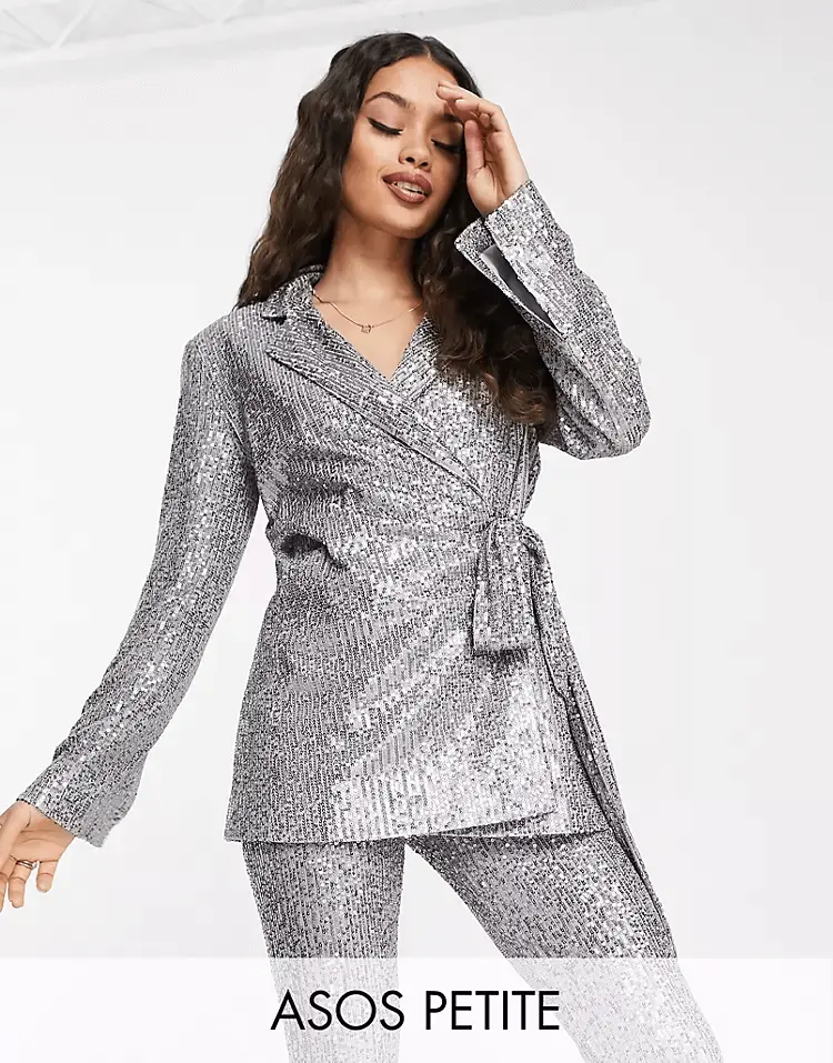 Пиджак Asos Design Petite Jersey Sequin Tie Waist, серебристый