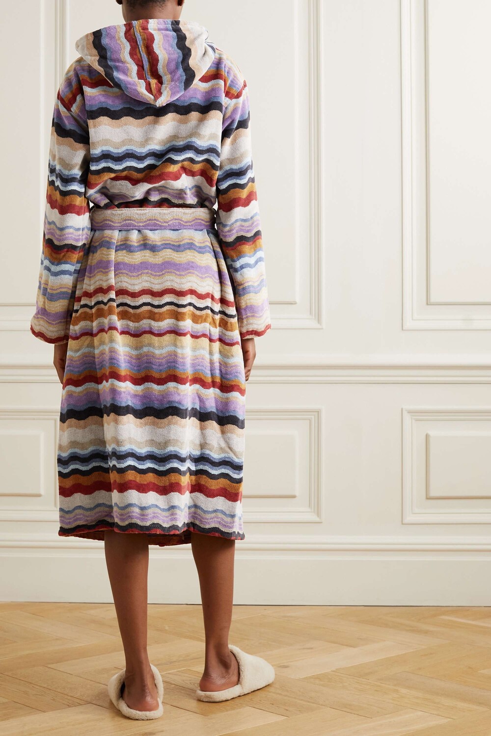

MISSONI HOME хлопковый махровый халат в полоску с капюшоном и поясом Bonnie, кремовый