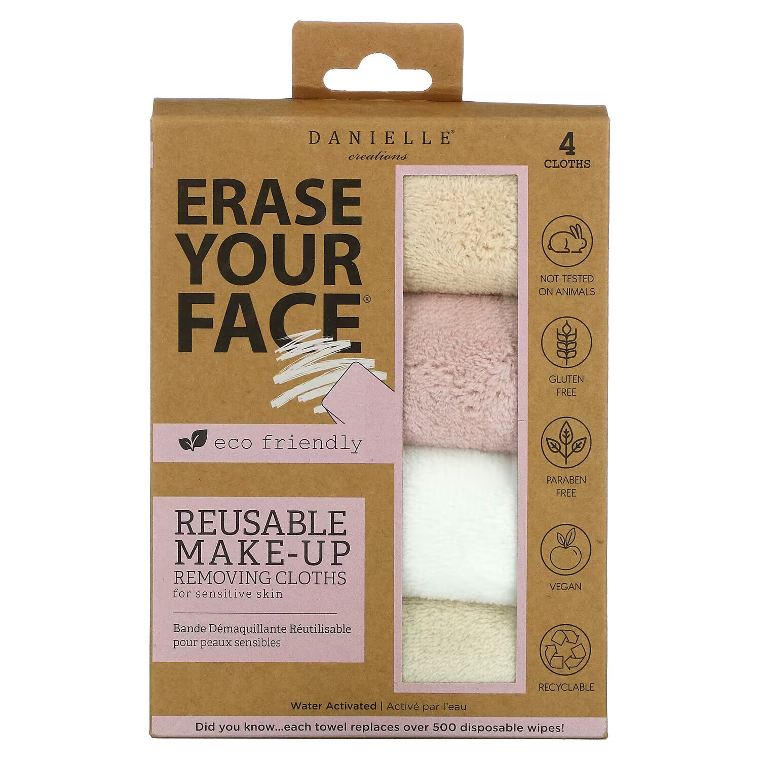

Erase Your Face, Многоразовые салфетки для снятия макияжа, разные цвета, 4 салфетки