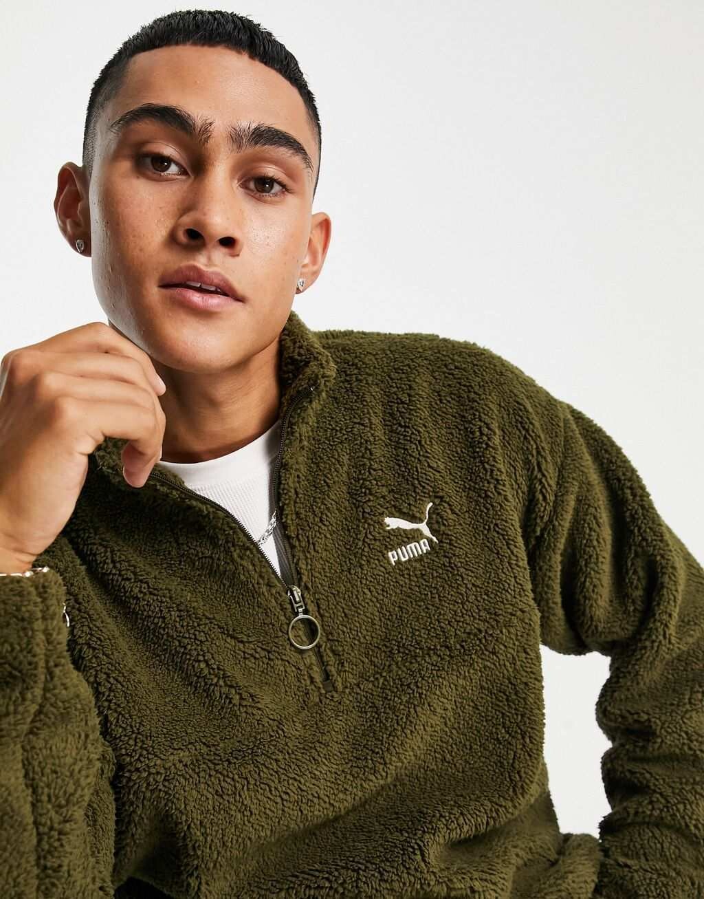 

Толстовка темно-оливкового цвета с полумолнией на молнии Puma classics borg — эксклюзивно для ASOS, Зеленый