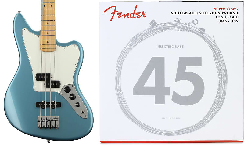 

Fender Player Jaguar Bass - Tidepool с кленовой накладкой в ​​комплекте со струнами Fender 7250M из никелированной стали с длинной шкалой для бас-гитары - .045-.105 Medium 0149302513=1 0737250406=1