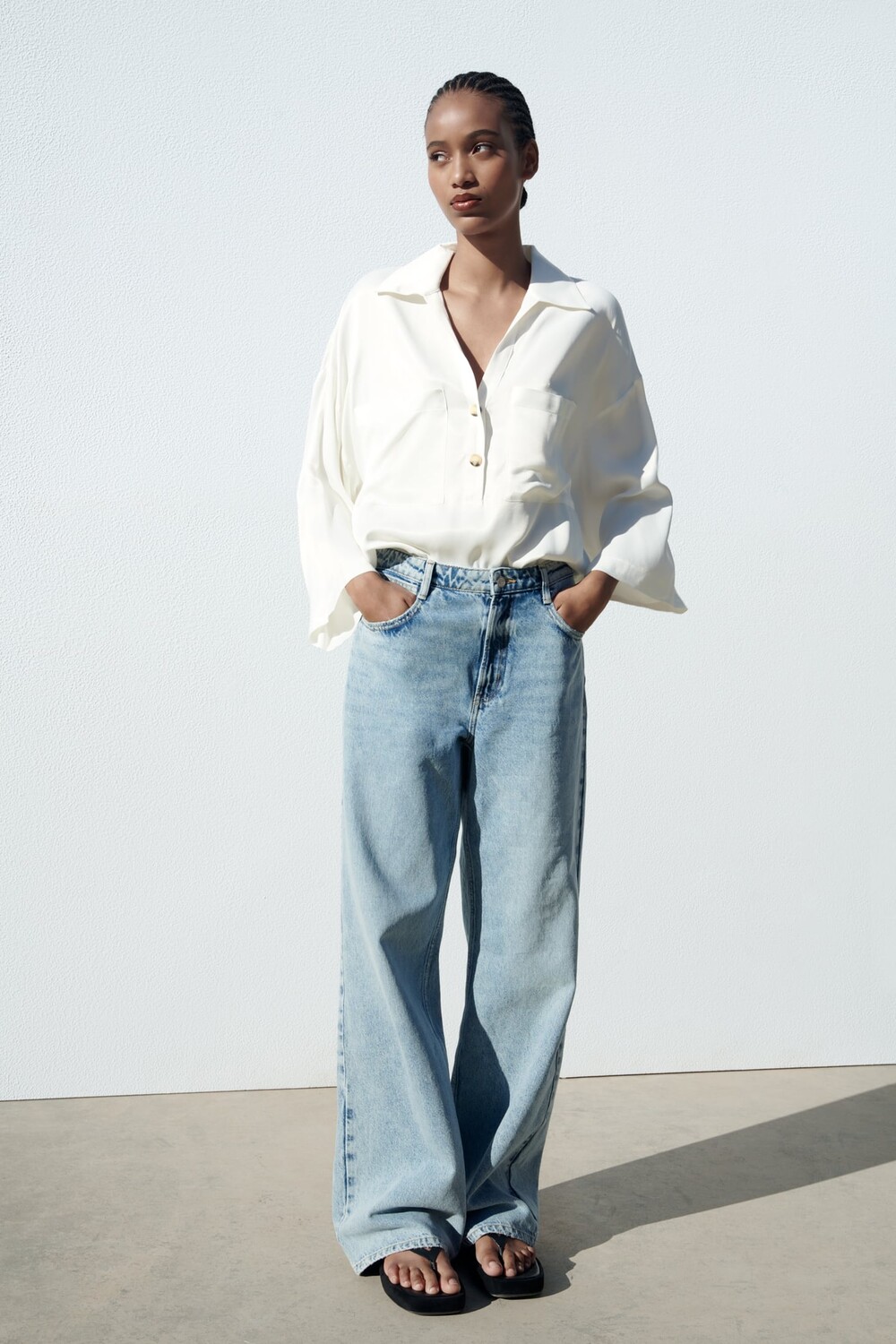 

Атласная рубашка с широким рукавом ZARA, экру