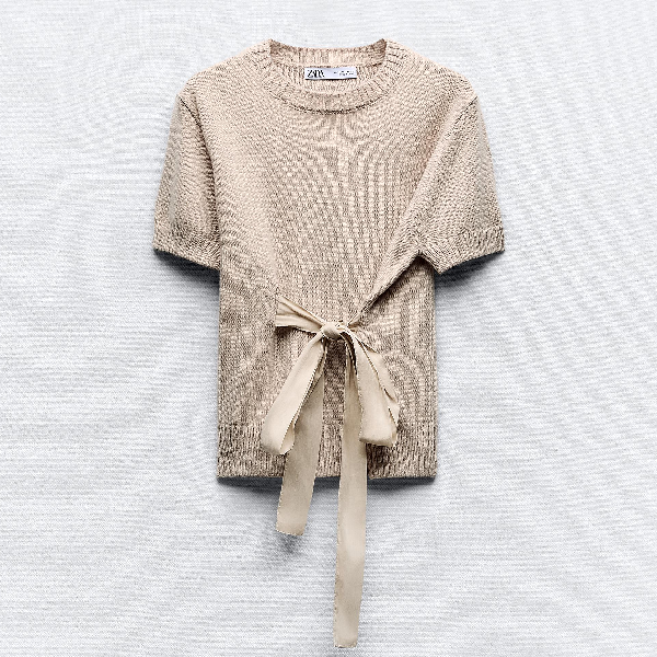 Свитер Zara Plain Knit With Tie, бежевый свитер zara plain metallic knit серебристый