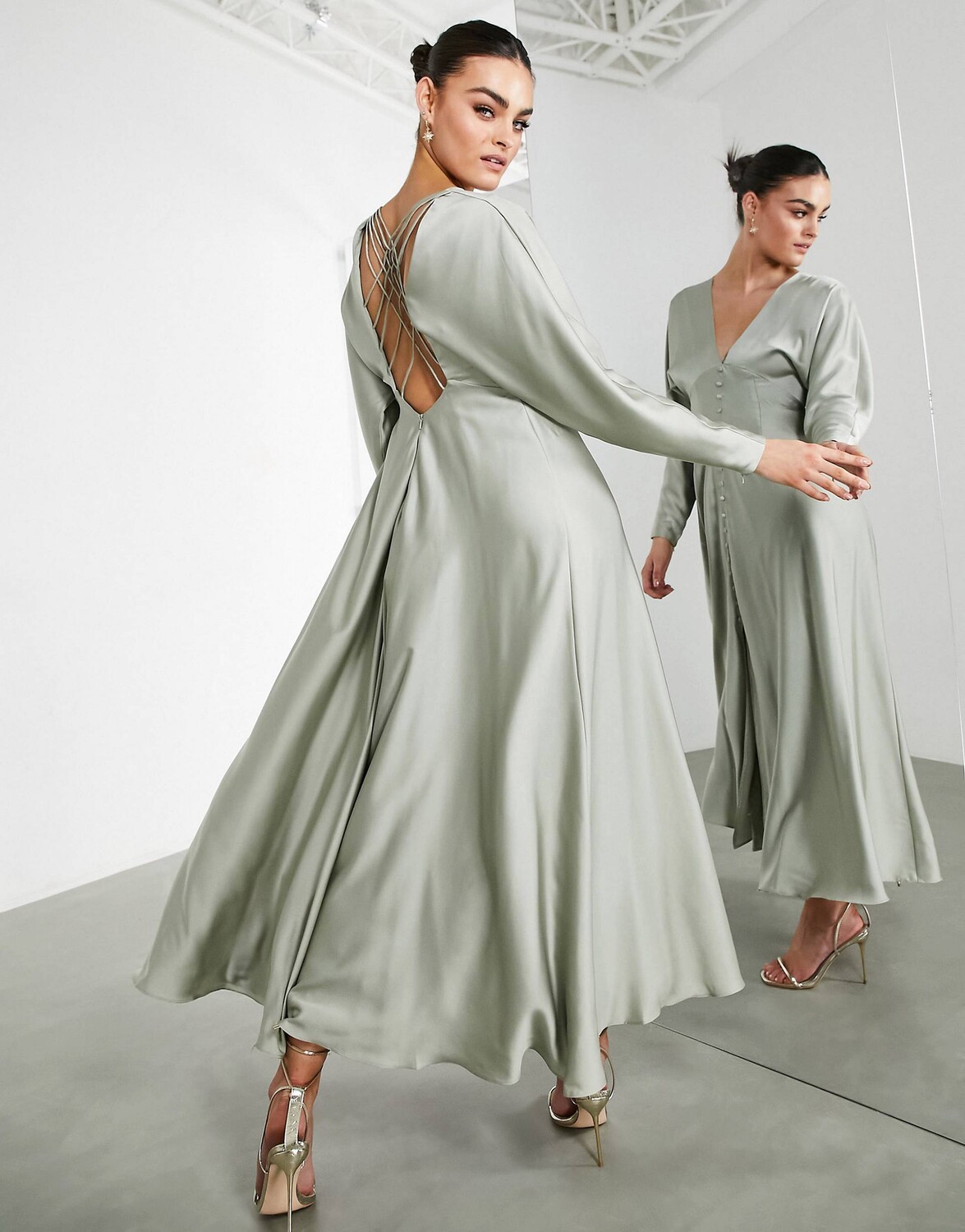 

Зеленое атласное платье миди с решетчатой ​​спиной ASOS EDITION