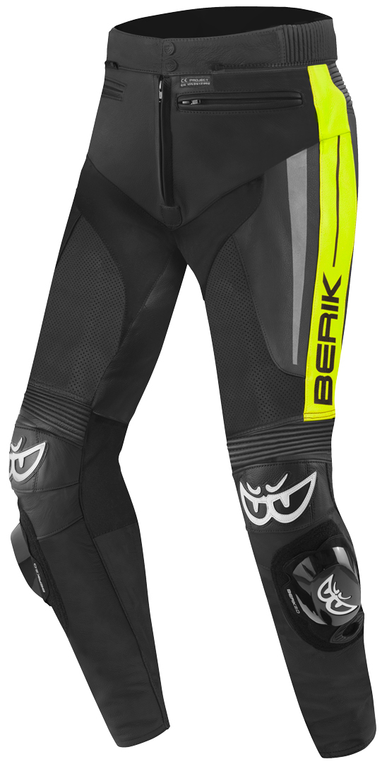 Мотоциклетные кожаные брюки Berik Kendo с защитой на коленях, черный/неоновый