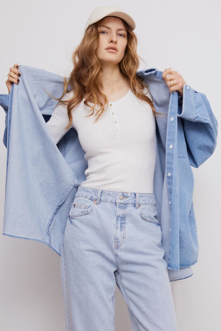 

Ребристая футболка с пуговицами H&M, белый