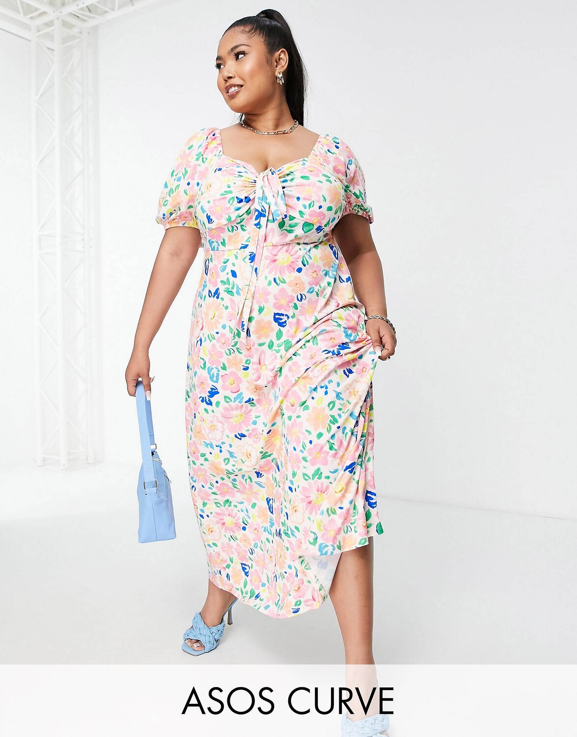 

Платье макси с пышными рукавами и пышными рукавами ASOS DESIGN Curve Curve с завязками на шее