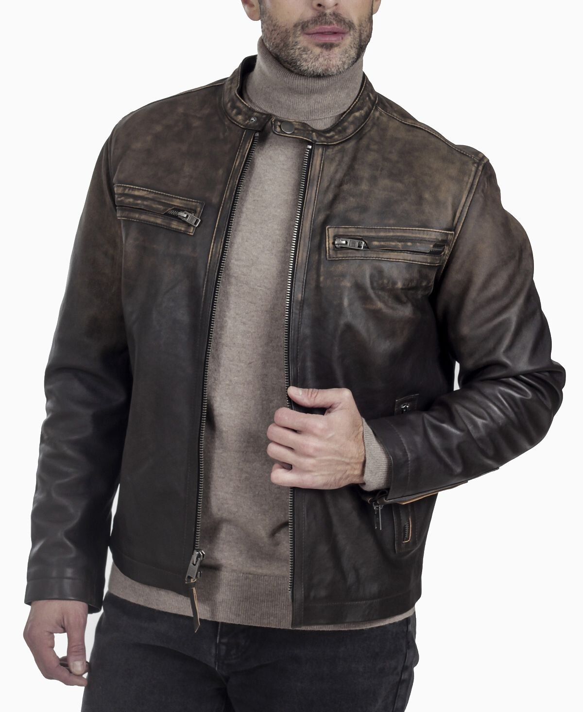 

Мужская винтажная двухцветная кожаная куртка cafe racer Frye, коричневый