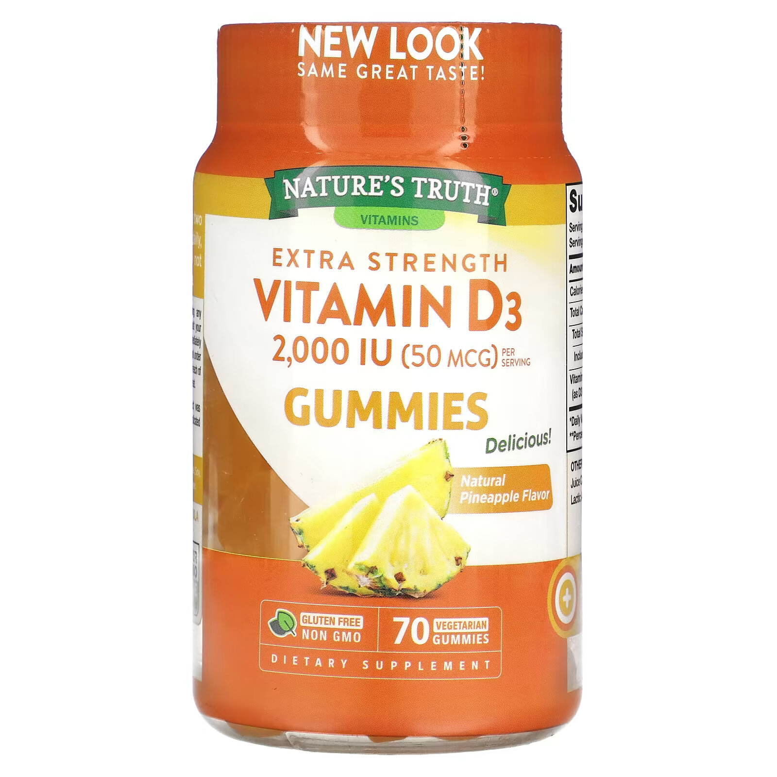 Nature's Truth, Extra Strength, витамин D3, натуральный ананас, 50 мкг (2000 МЕ), 70 вегетарианских жевательных таблеток 27764