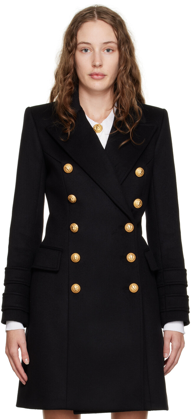 

Черное двубортное пальто Balmain