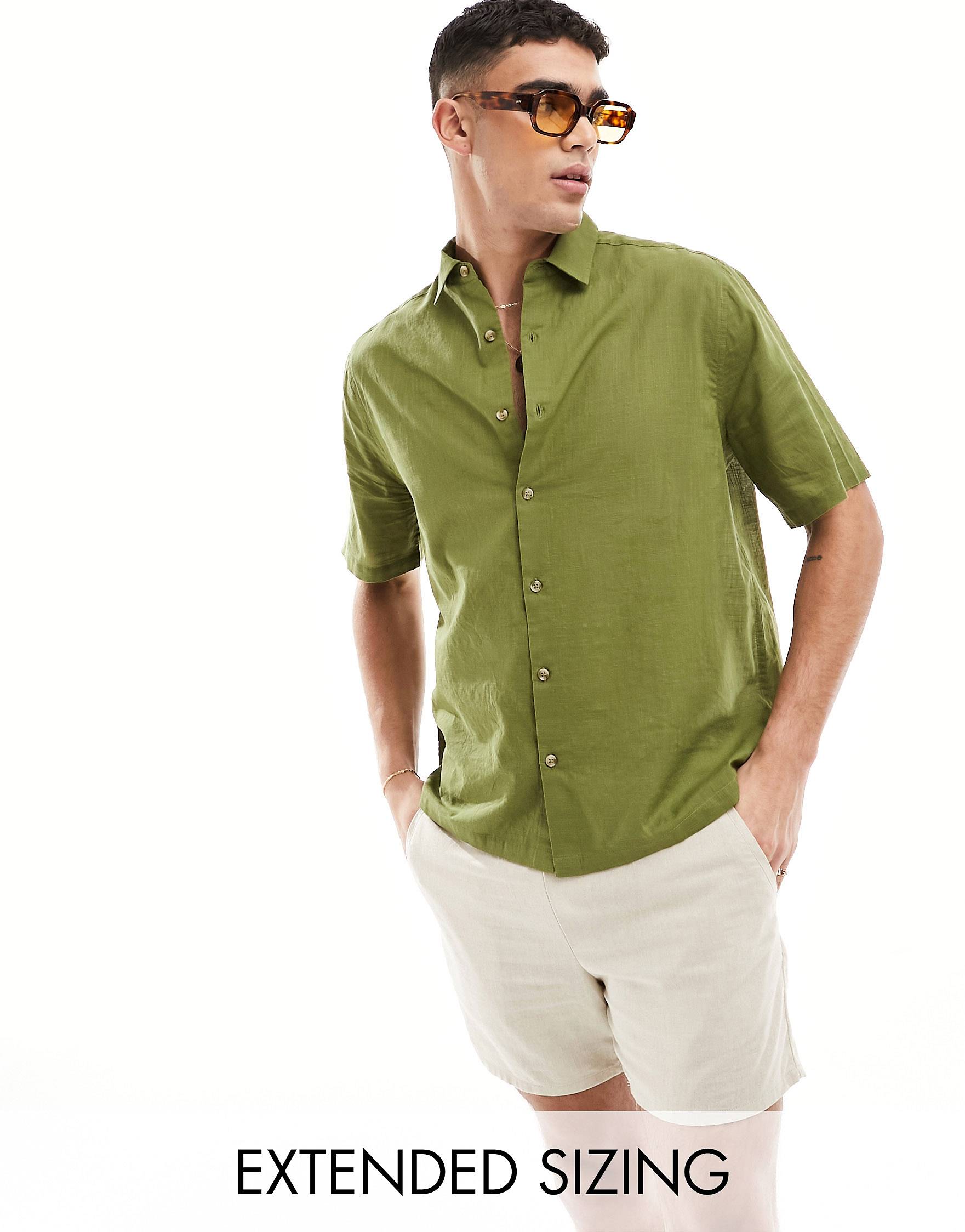 Рубашка Asos Design Linen, хаки базовая рубашка slim fit с короткими рукавами defacto хаки