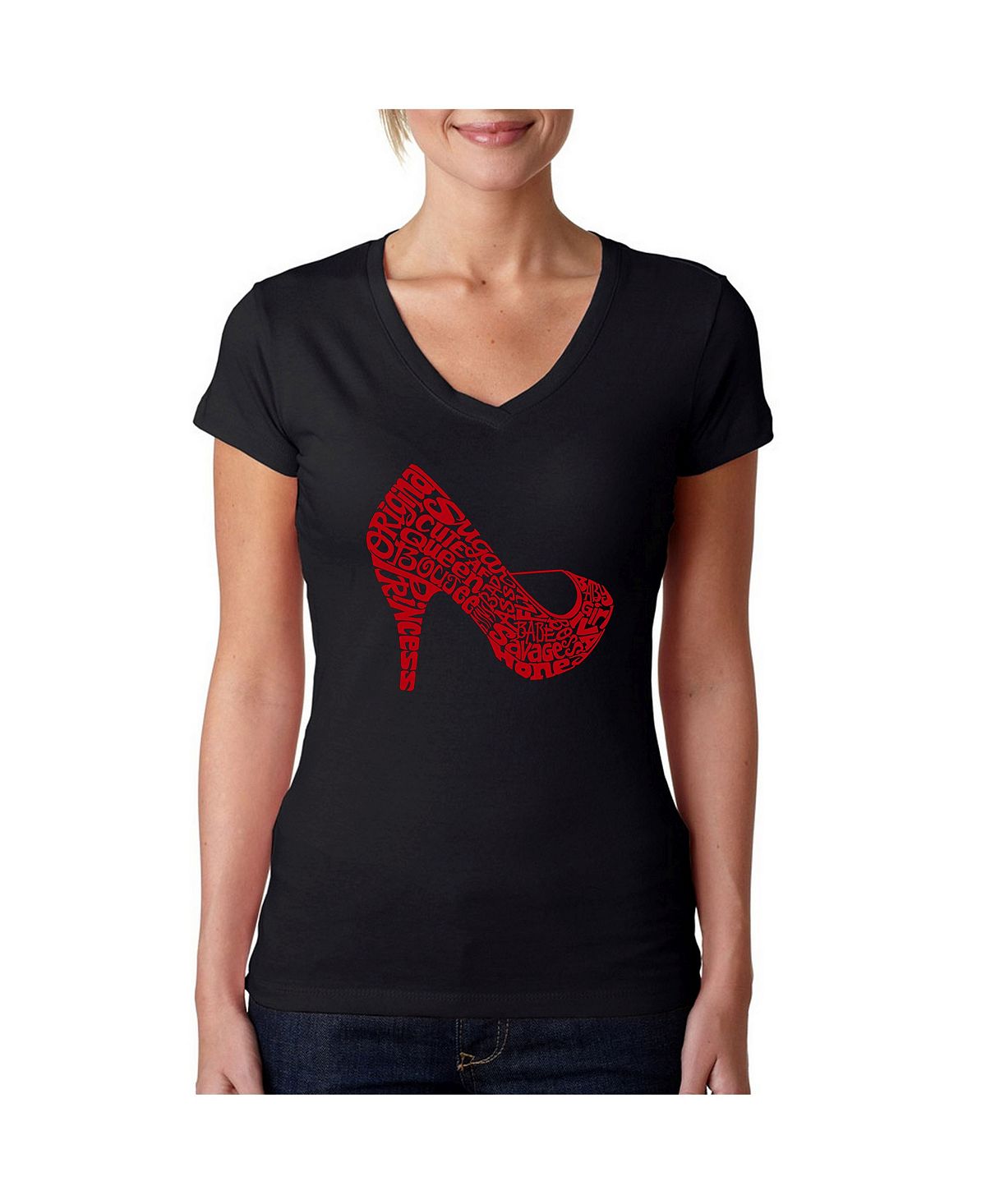 Женская футболка с v-образным вырезом и высоким каблуком word art LA Pop Art, черный эстес клариса пинкола освободите сильную женщину