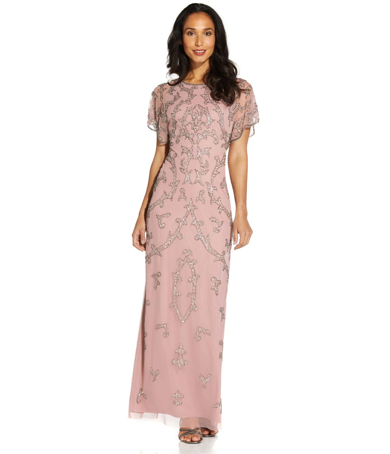 

Платье Adrianna Papell, Beaded Column Gown with Flutter Sleeve