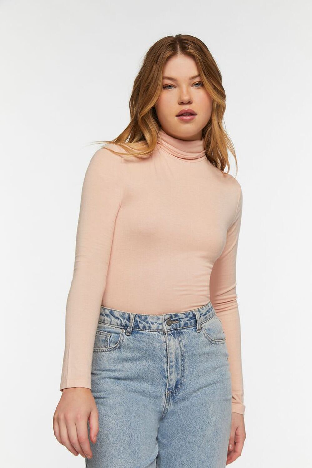 

Приталенный топ с высоким воротником и длинными рукавами Forever 21, розовый