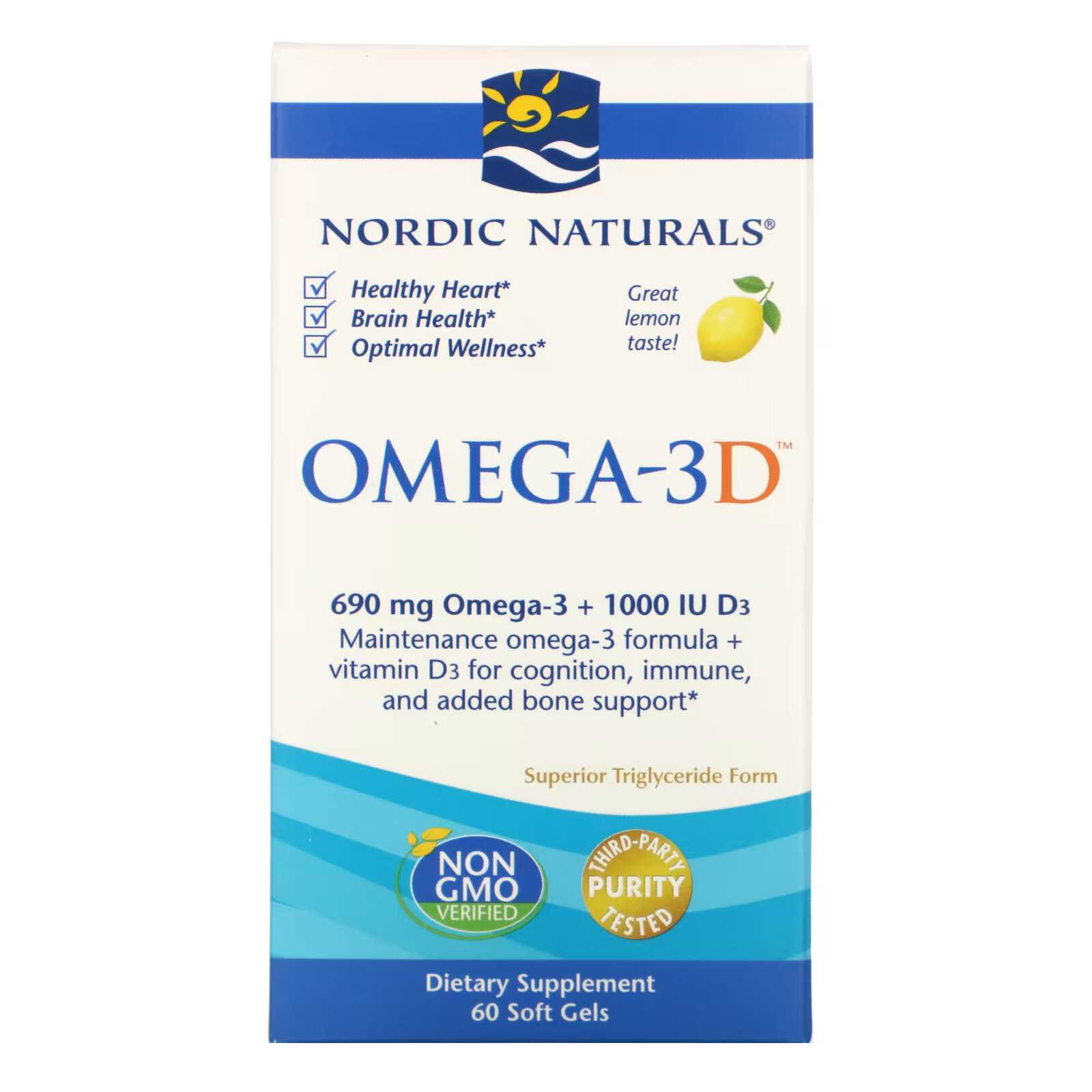Nordic Naturals, Омега-3D, лимонный, 1000 мг, 60 мягких капсул enzymedica aqua biome омега 3 максимальная сила действия лимонный вкус 1000 мг 60 капсул
