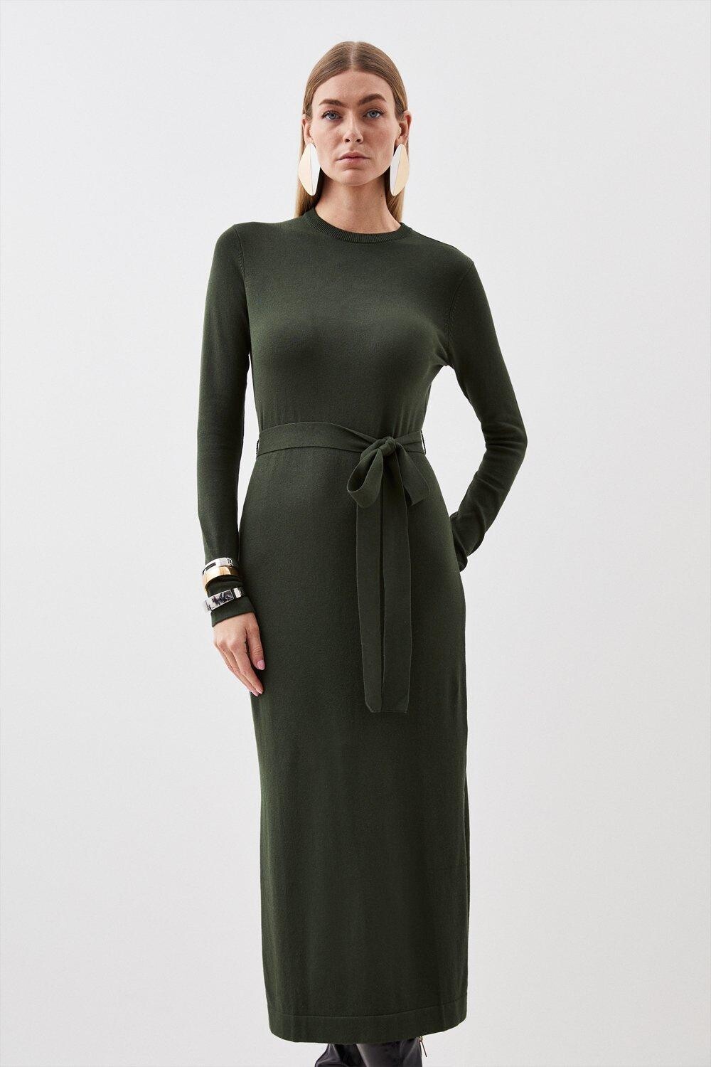 

Трикотажное платье миди из смесовой вискозы с поясом Karen Millen, хаки
