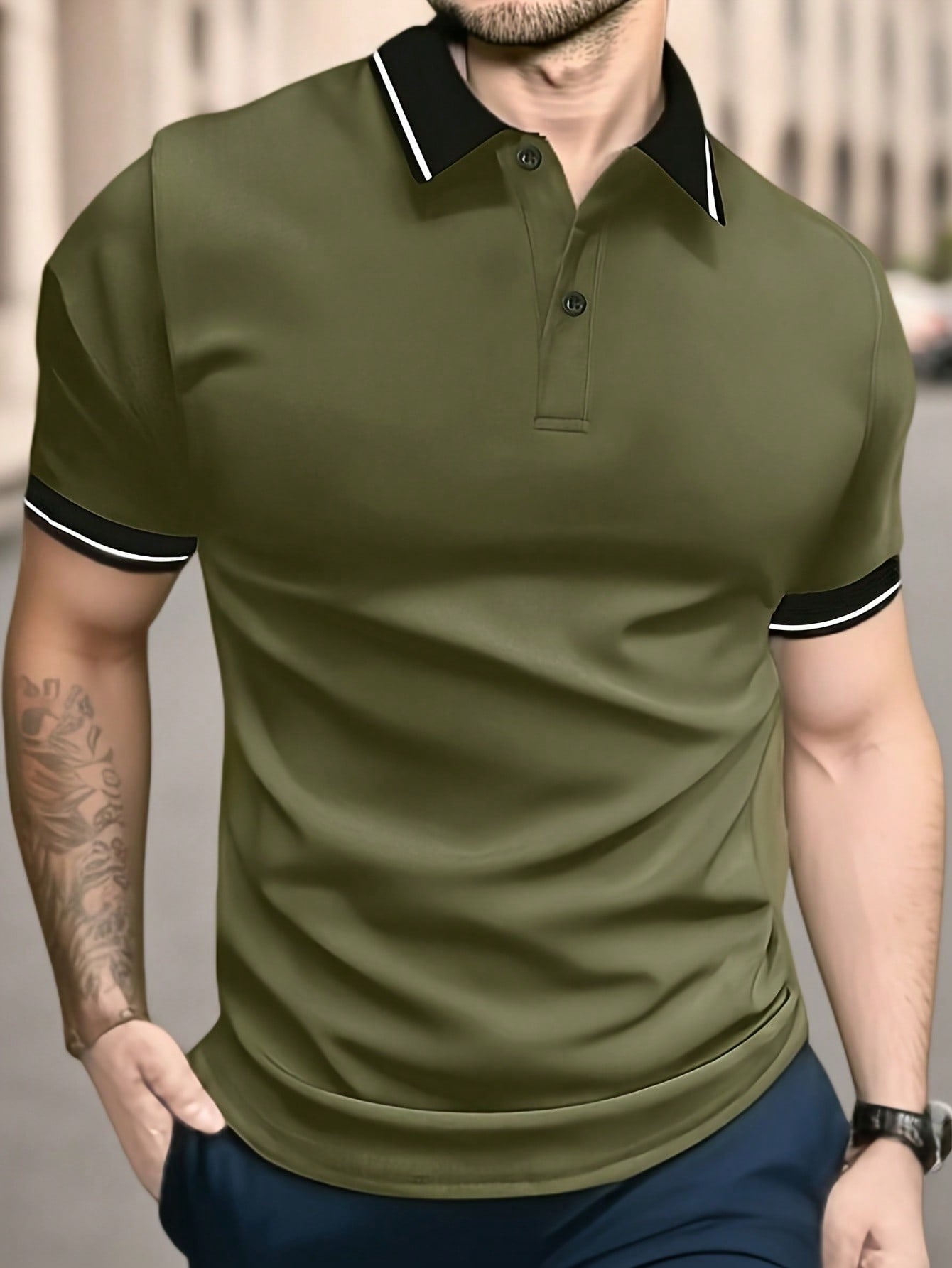 Мужская рубашка поло с короткими рукавами и пуговицами с контрастной отделкой, армейский зеленый мужская рубашка с длинным рукавом в клетку в стиле пэчворк