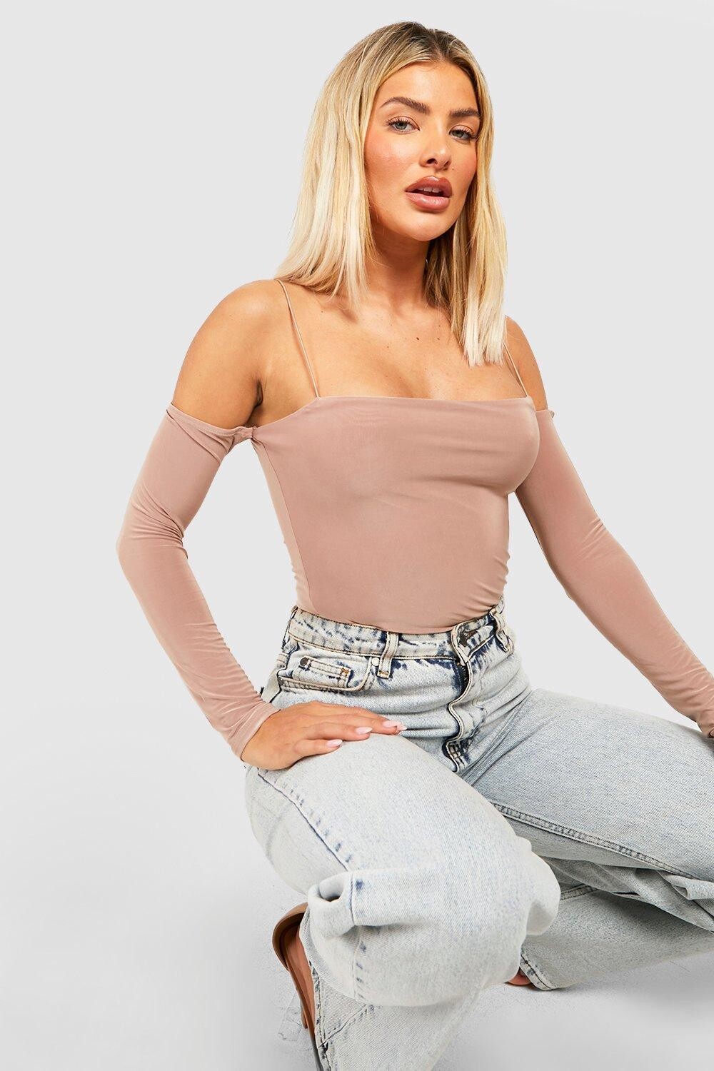 

Двухслойный топ с длинными рукавами на стрелке Boohoo, серо-коричневый