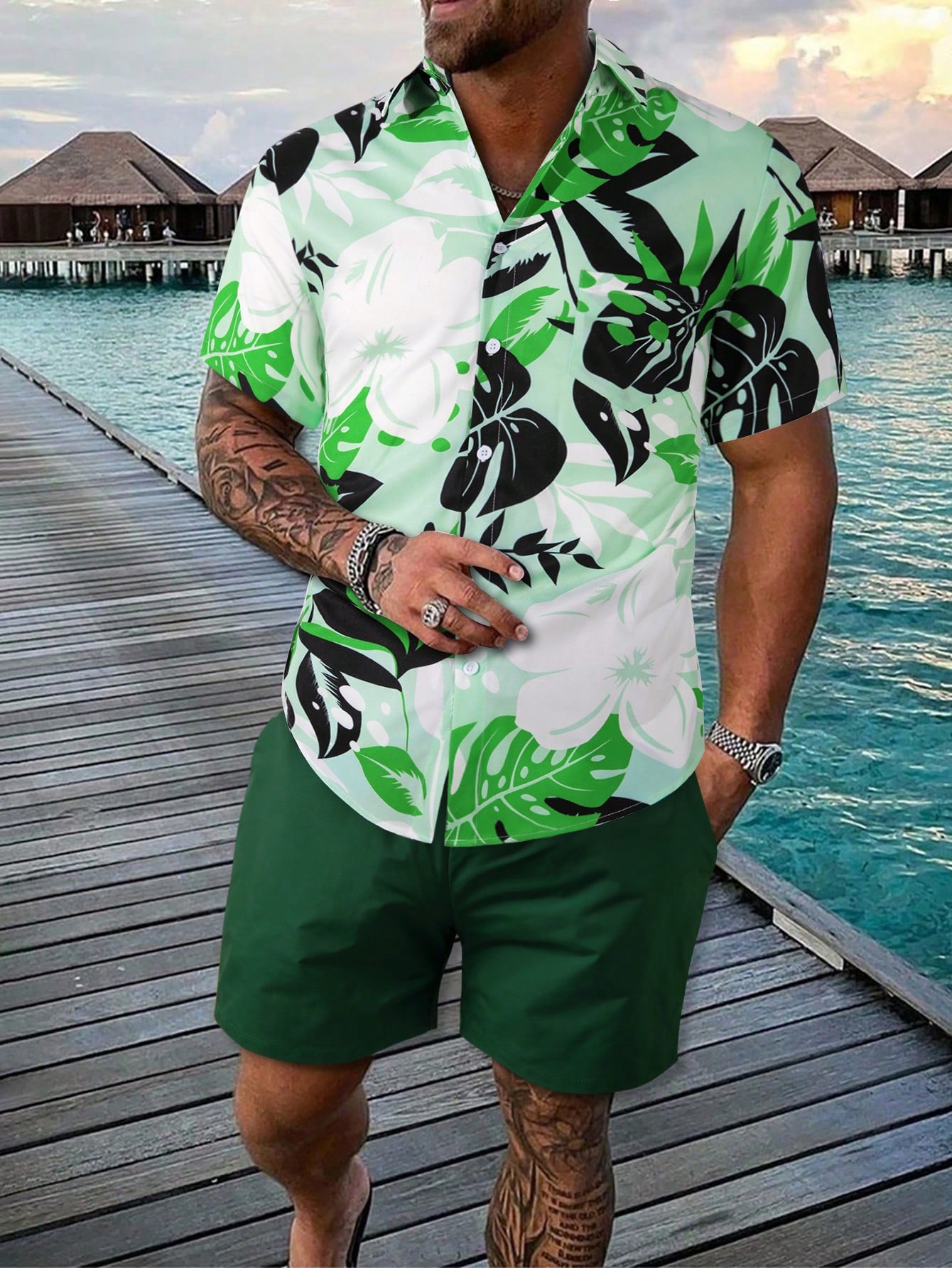 Manfinity RSRT Мужская рубашка с растительным принтом и однотонные шорты с завязками на талии, мятно-зеленый