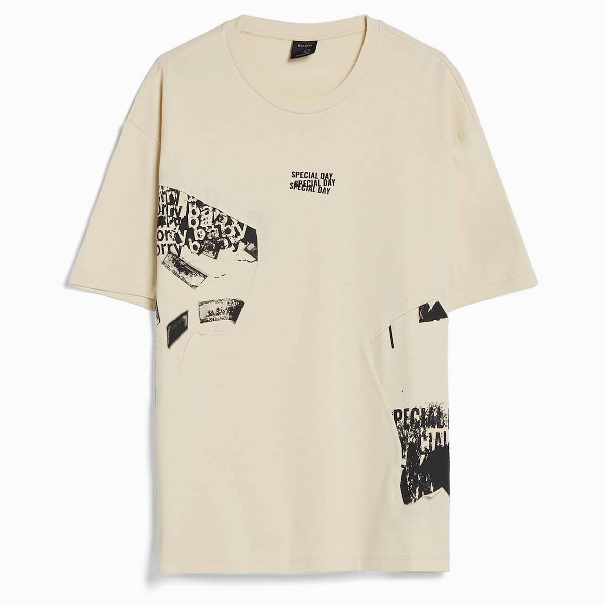 

Футболка Bershka Print Boxy Fit Short Sleeve, светло-бежевый/черный