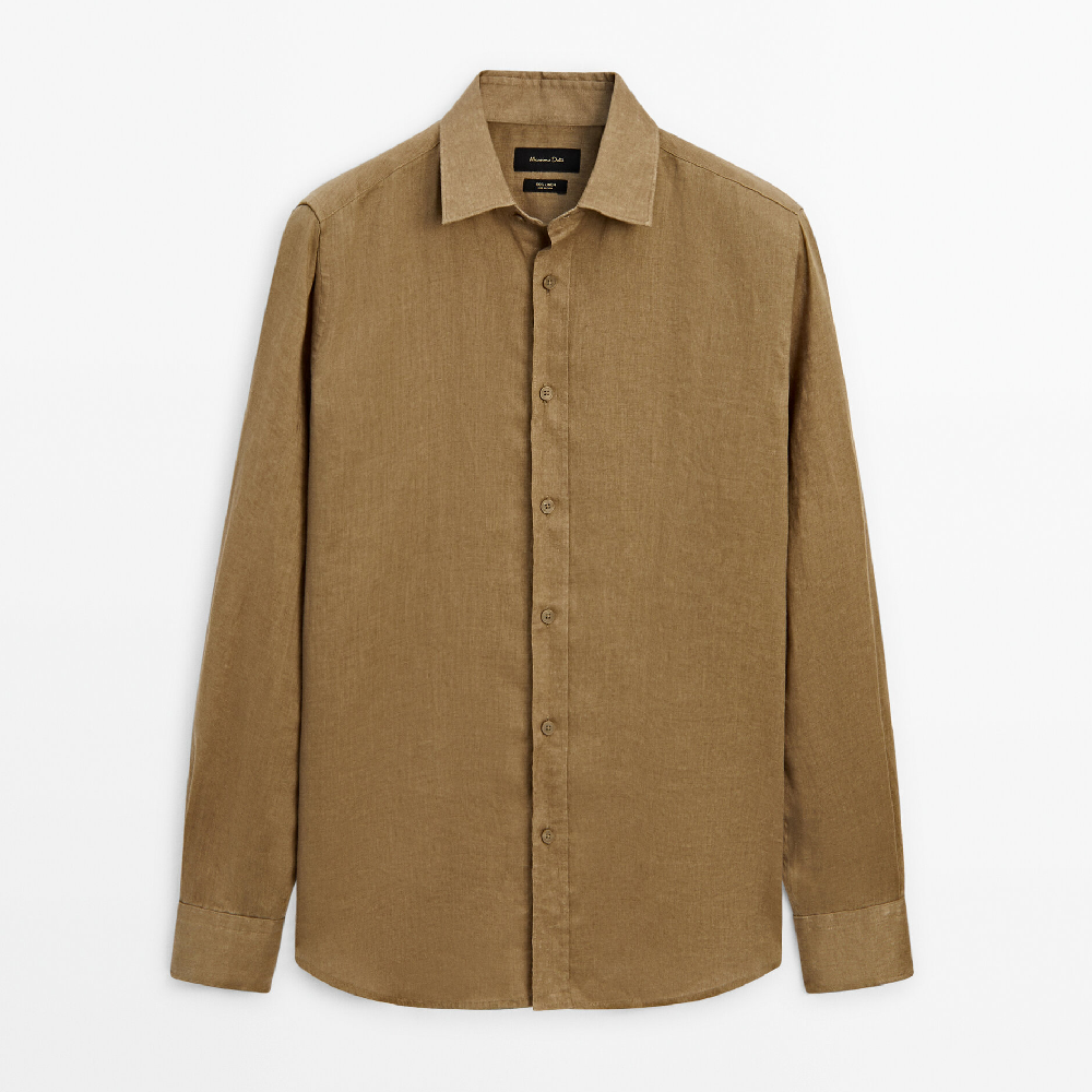 цена Рубашка Massimo Dutti Dyed Thread Regular Fit Linen, оливковый