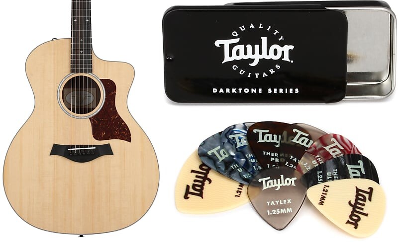 

Электроакустическая гитара Taylor 214ce Deluxe, натуральный цвет, нижняя дека и обечайки из многослойного палисандра, комплект с медиаторами серии Taylor DarkTone F202002111003280000-0351=1 2600=1