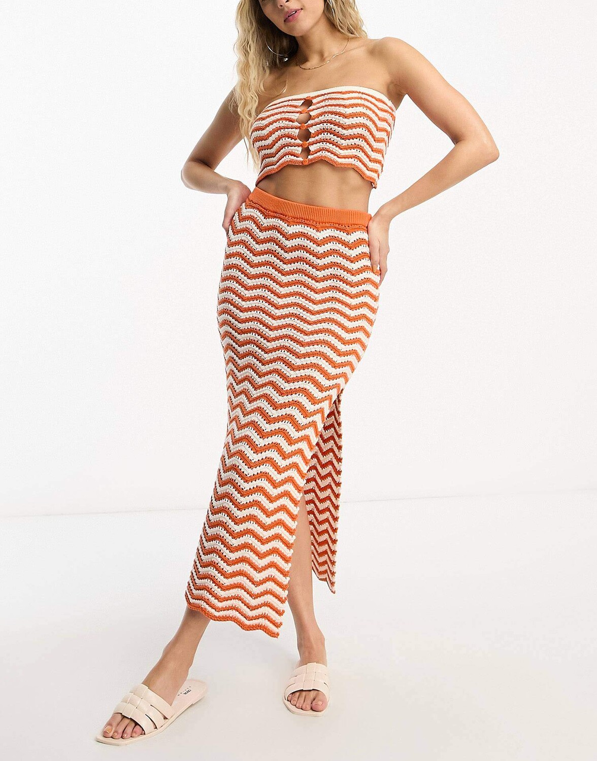 

Вязаный пляжный топ 4th & Reckless Island Crochet Crop Co-ord, оранжевый/белый