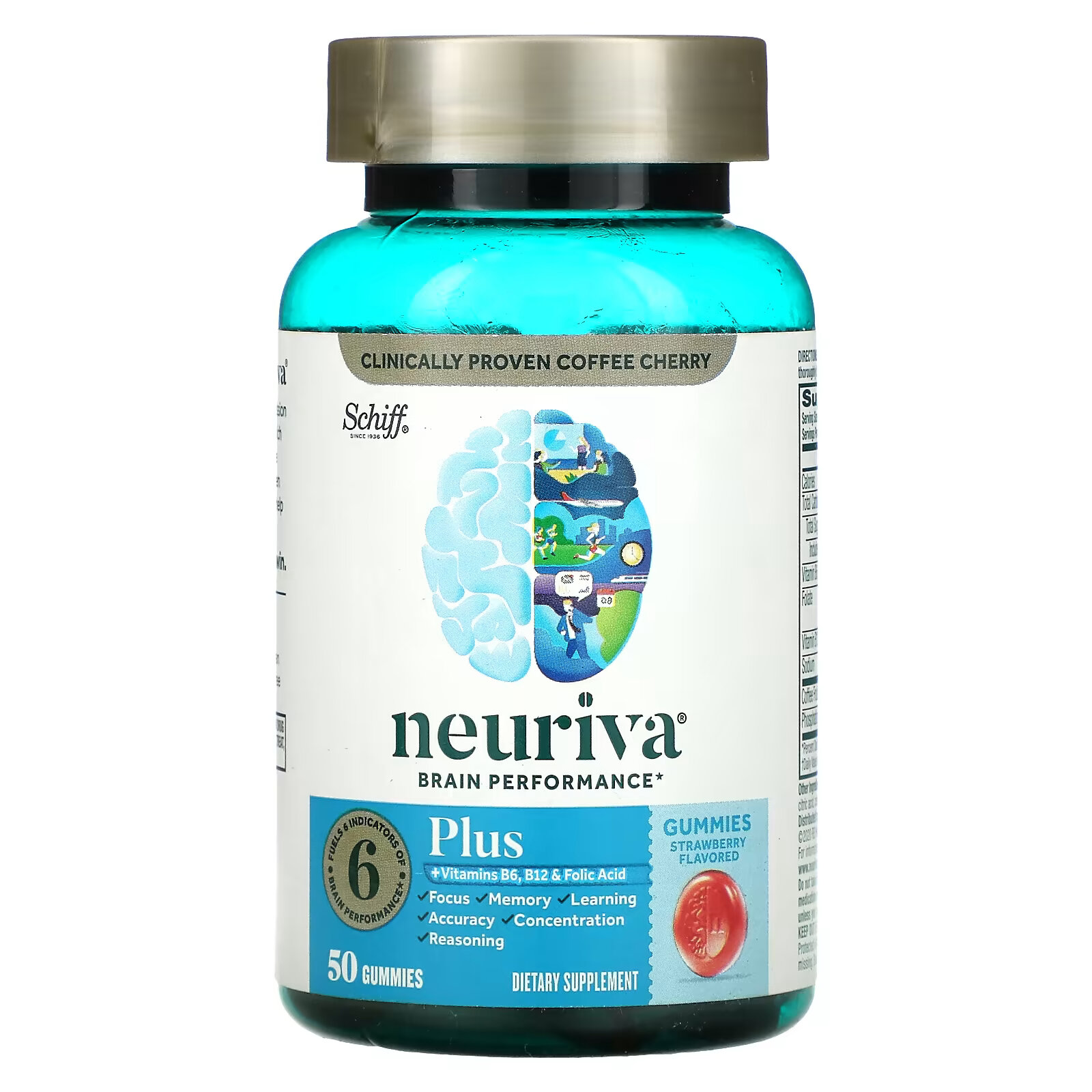Schiff, Neuriva Brain Performance, с витаминами B6, B12 и фолиевой кислотой, клубника, 50 жевательных таблеток schiff neuriva brain energy натуральная ежевика 75 жевательных таблеток