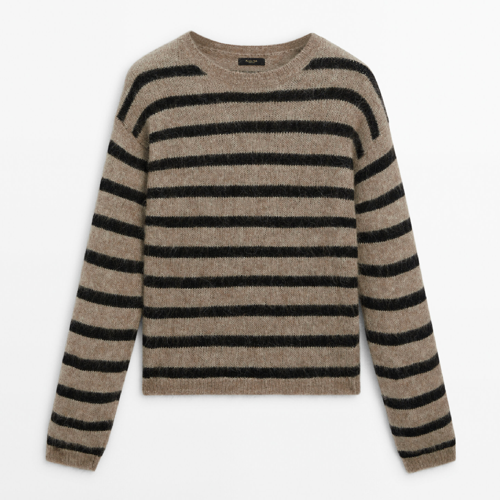 Свитер Massimo Dutti Striped Knit Crew Neck, серо-бежевый свитер massimo dutti striped knit crew neck темно синий