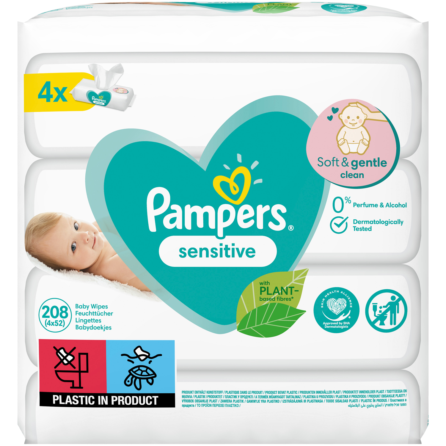 Pampers Sensitive влажные салфетки детские, 4х52 шт/уп. влажные салфетки pampers sensitive липучка 80 шт