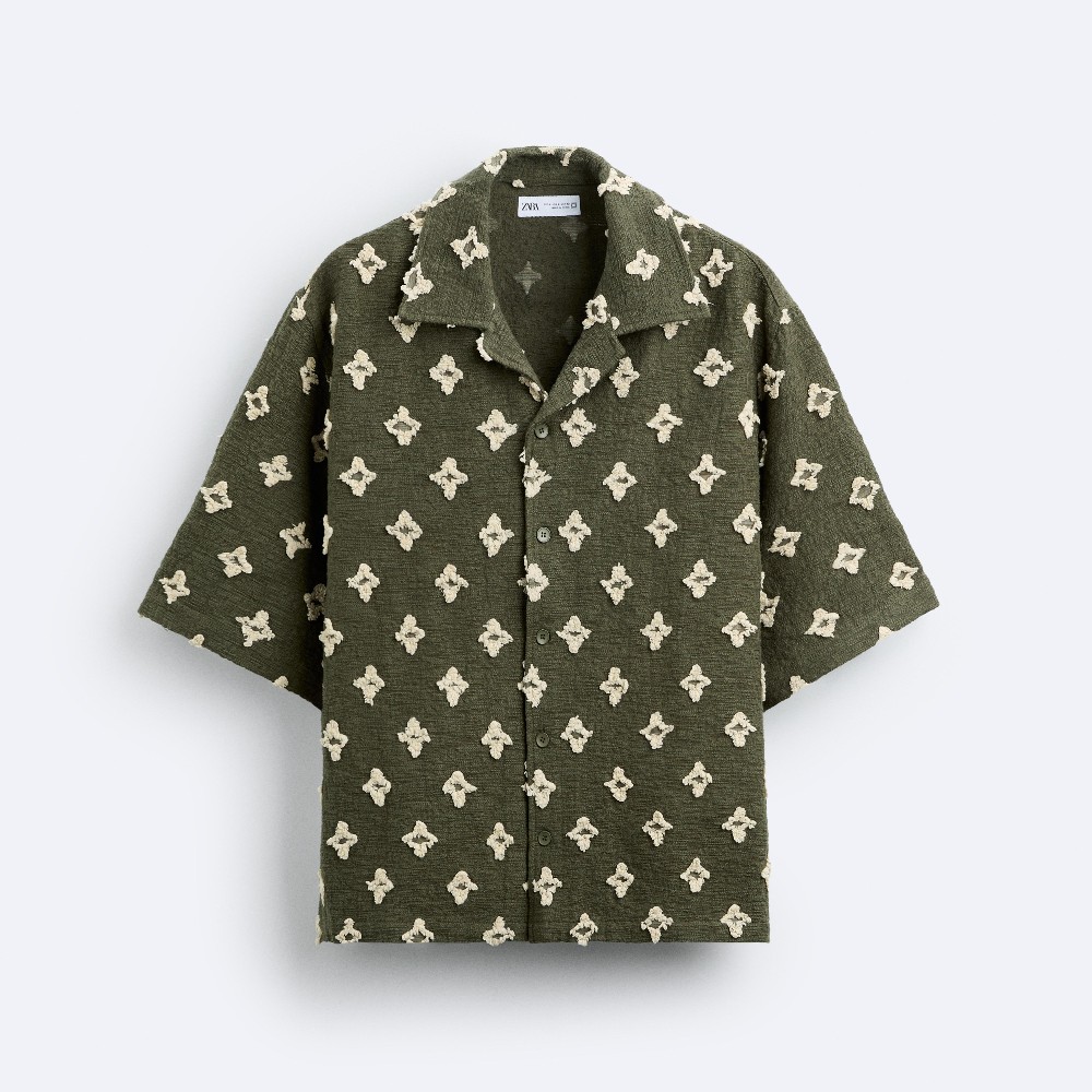 Рубашка Zara Frayed Jacquard, зеленый/кремовый