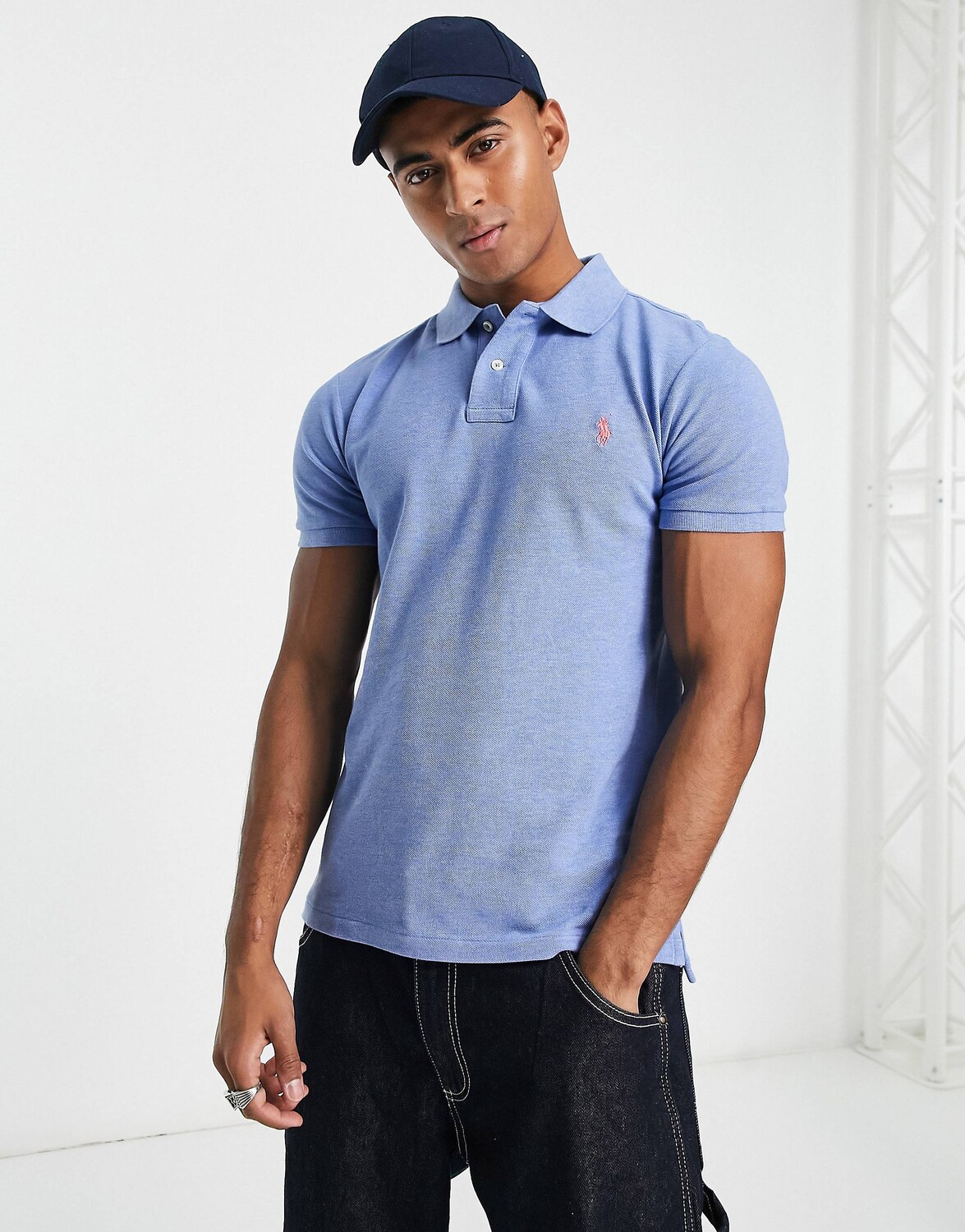 

Узкое поло из пике синего меланжевого цвета Polo Ralph Lauren icon logo, Синий