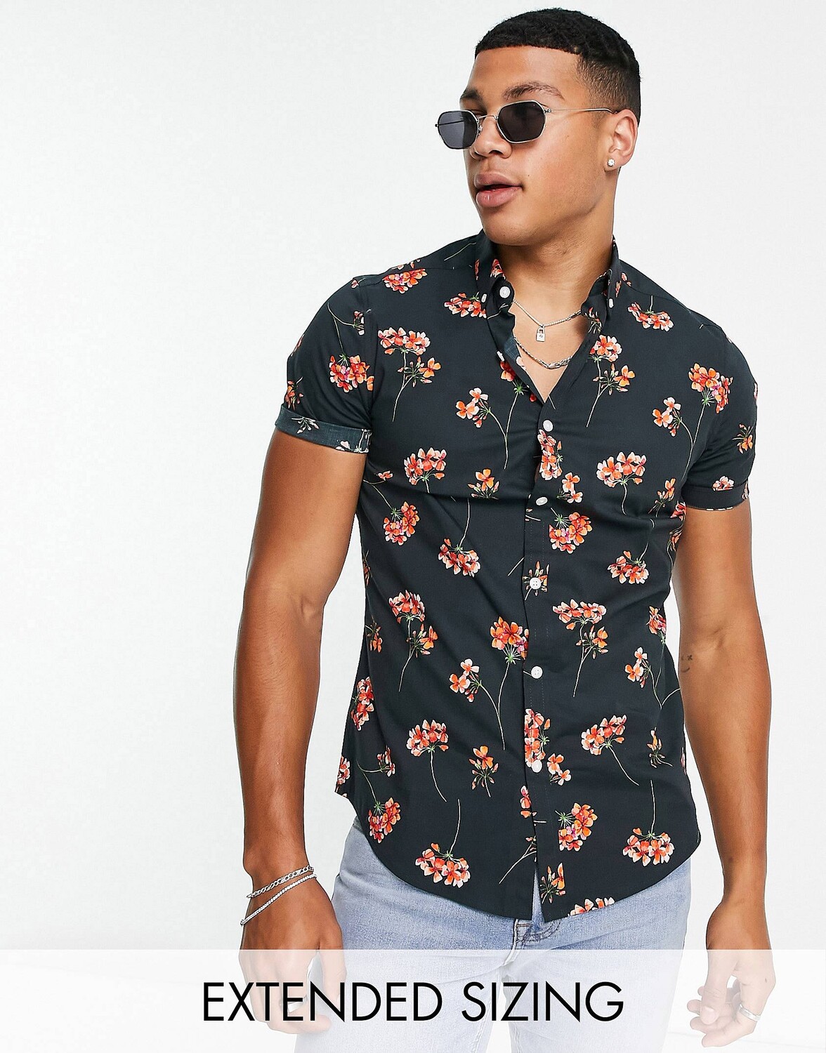 

Черная рубашка узкого кроя стрейч с цветочным принтом ASOS DESIGN