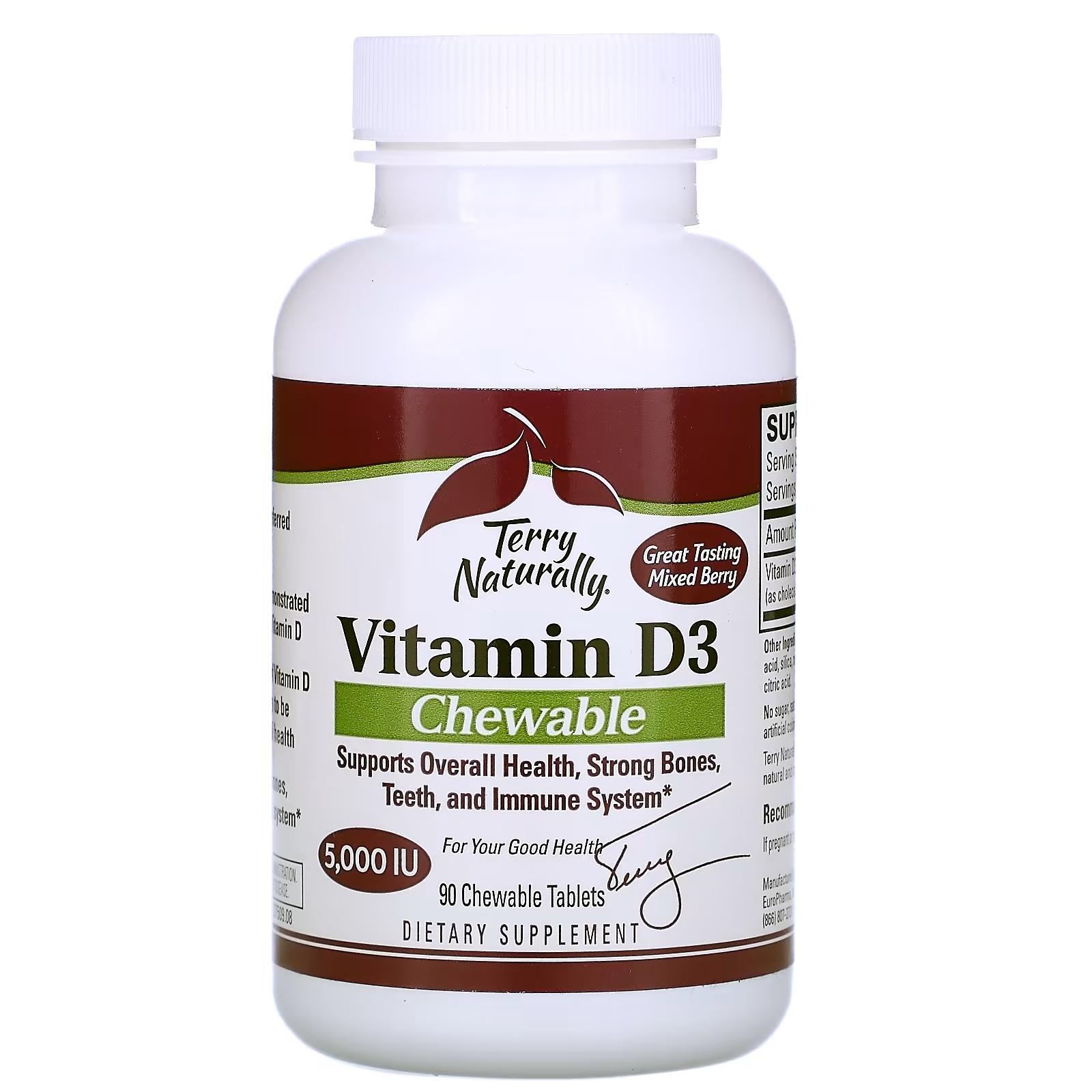 Terry Naturally жевательные таблетки с витамином D3 ягодная смесь 5000 МЕ, 90 жевательных таблеток жевательные таблетки с витамином d3 для детей черная вишня 12 5 мкг 90 жевательных таблеток vitables