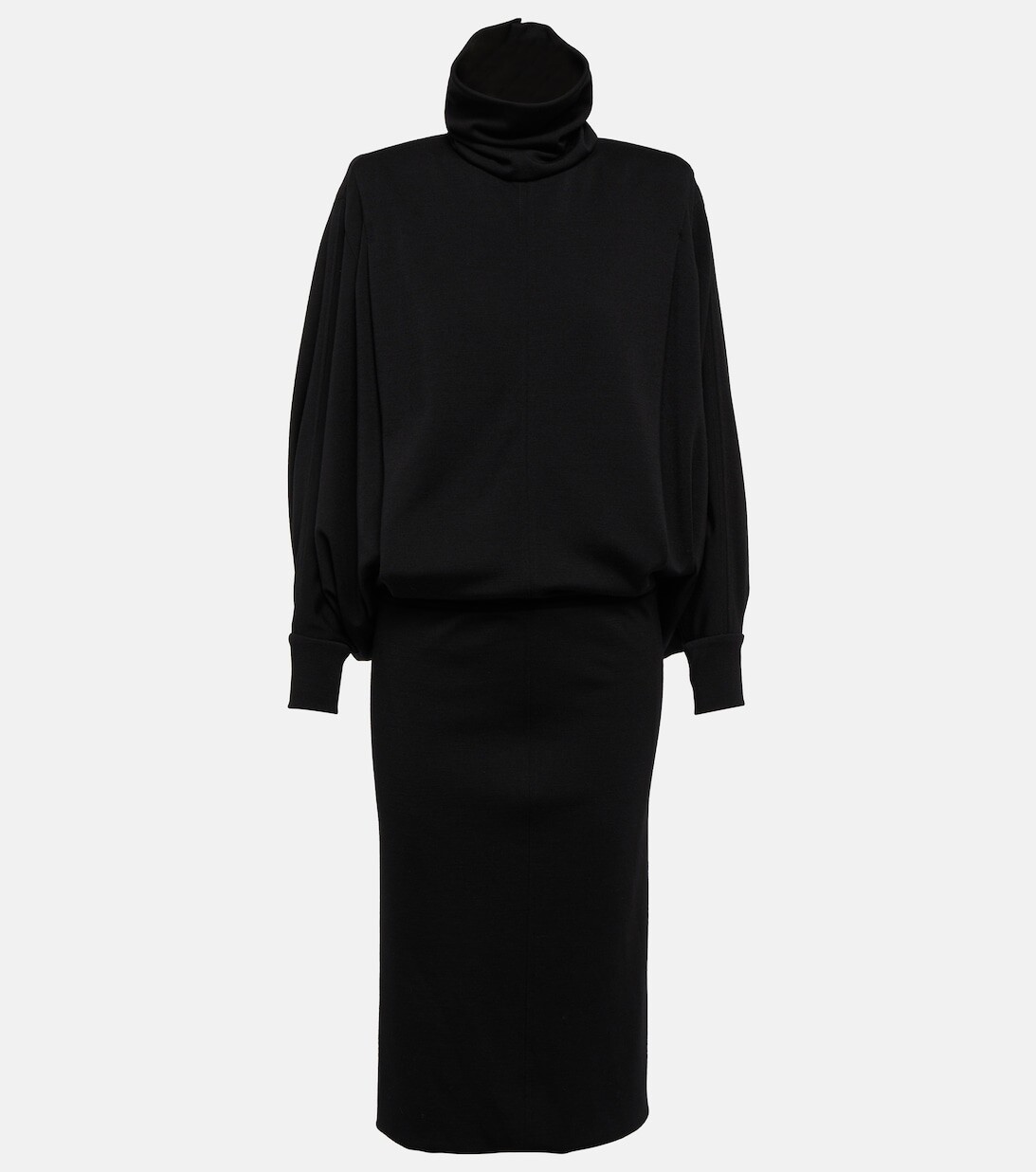 

Платье макси из шерстяного джерси с отделкой из тюля SAINT LAURENT, черный