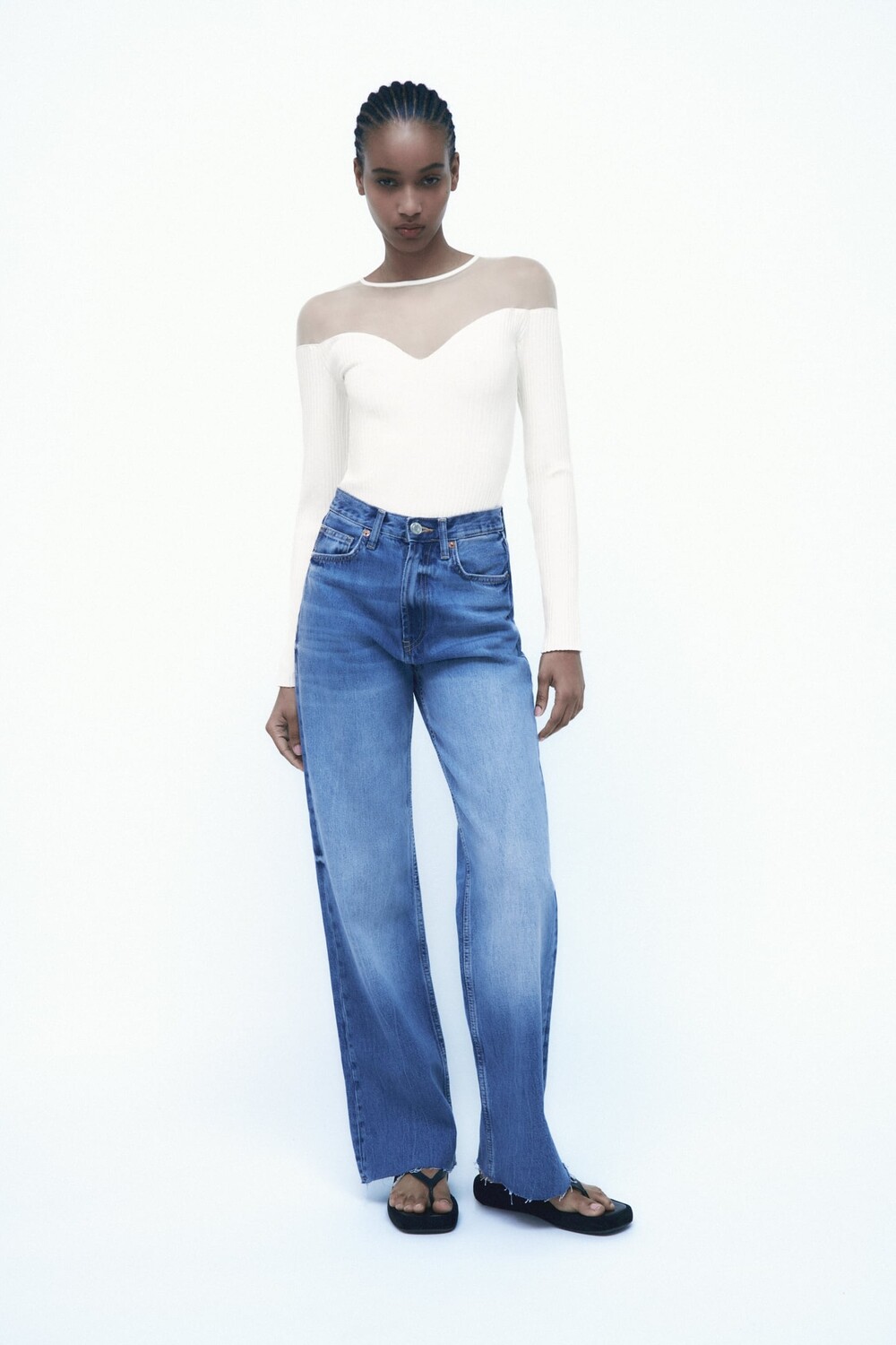 

Боди из контрастного тюля ZARA, устричный белый