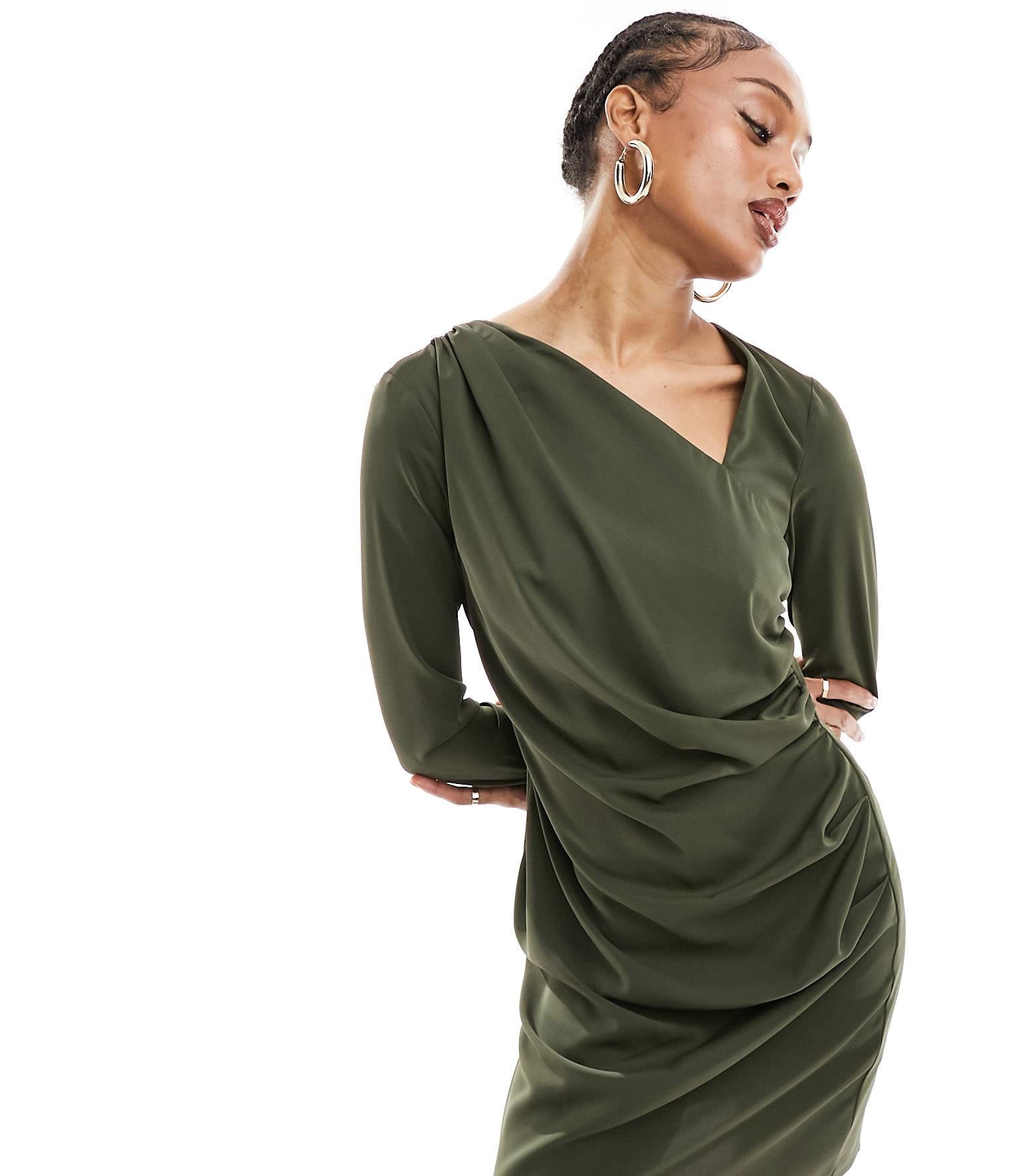Платье мини Asos Design Tall Asymmetric Neck Ruched Sleeve, хаки фотографии