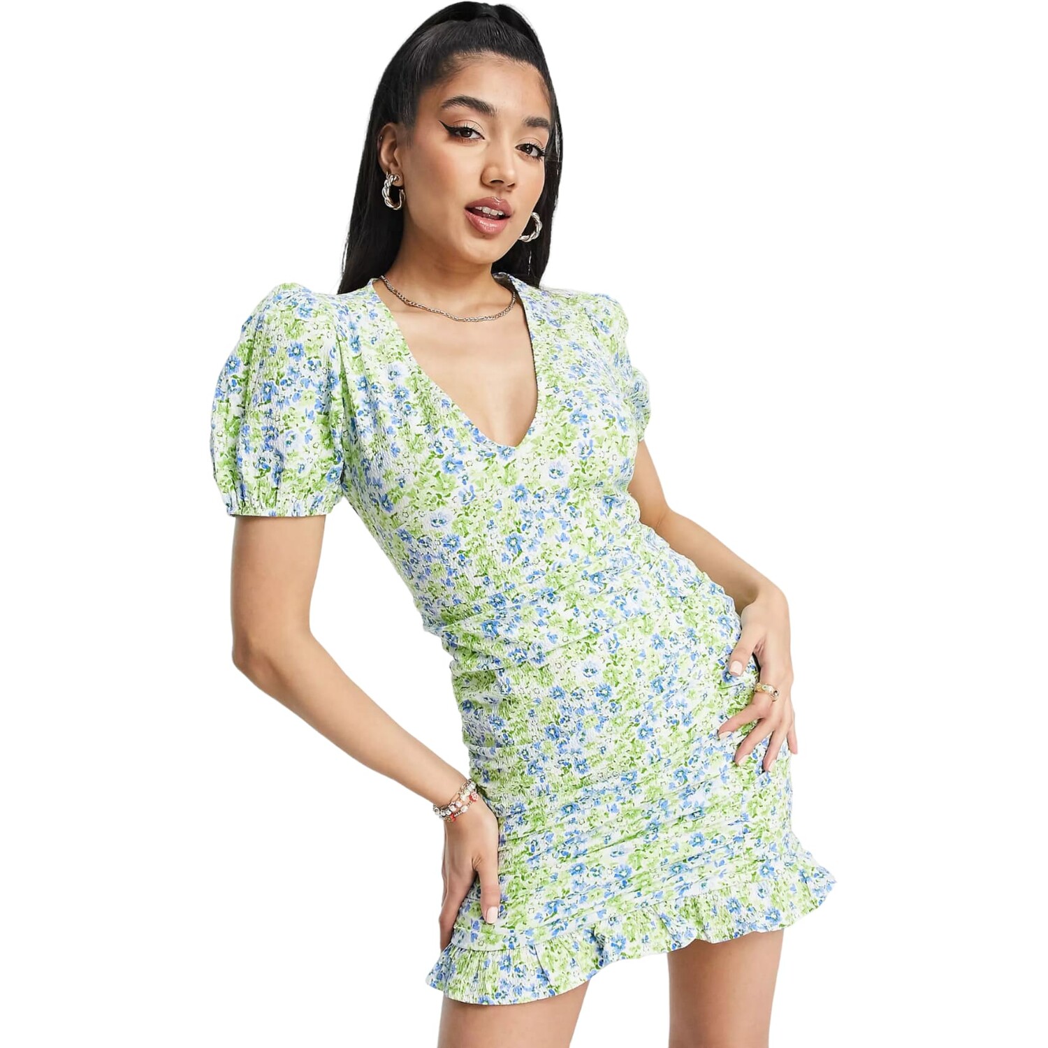 

Платье Stradivarius Crinkle Wrap Mini Frill, зеленый/голубой