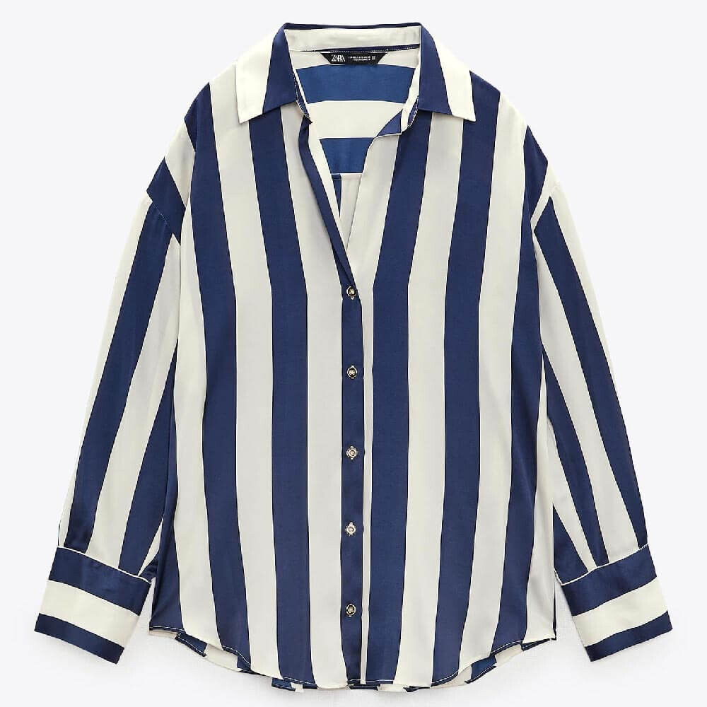 

Рубашка Zara Oversized Satin-effect, белый/синий