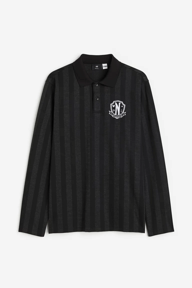 Рубашка H&M x Wednesday Regular Fit Long-sleeved Polo, черный