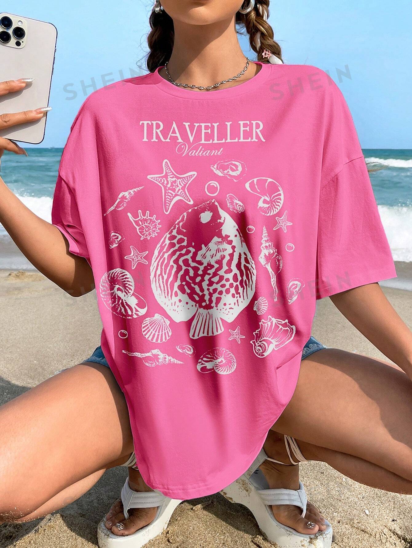 SHEIN EZwear Повседневная женская футболка большого размера с круглым вырезом и короткими рукавами с рисунком животных, розовый