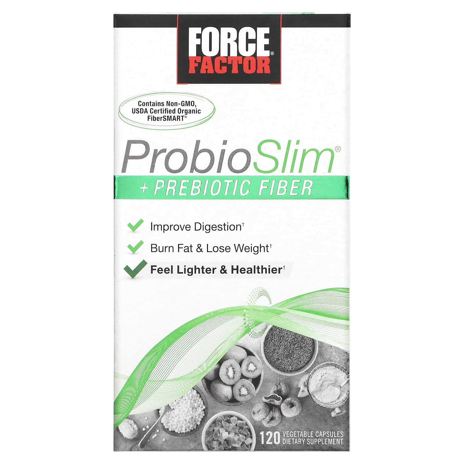 ПробиоСлим Force Factor с пребиотической клетчаткой, 120 вегетарианских капсул yumv s пробиотик с пребиотической клетчаткой со вкусом белого шоколада 40 мишек