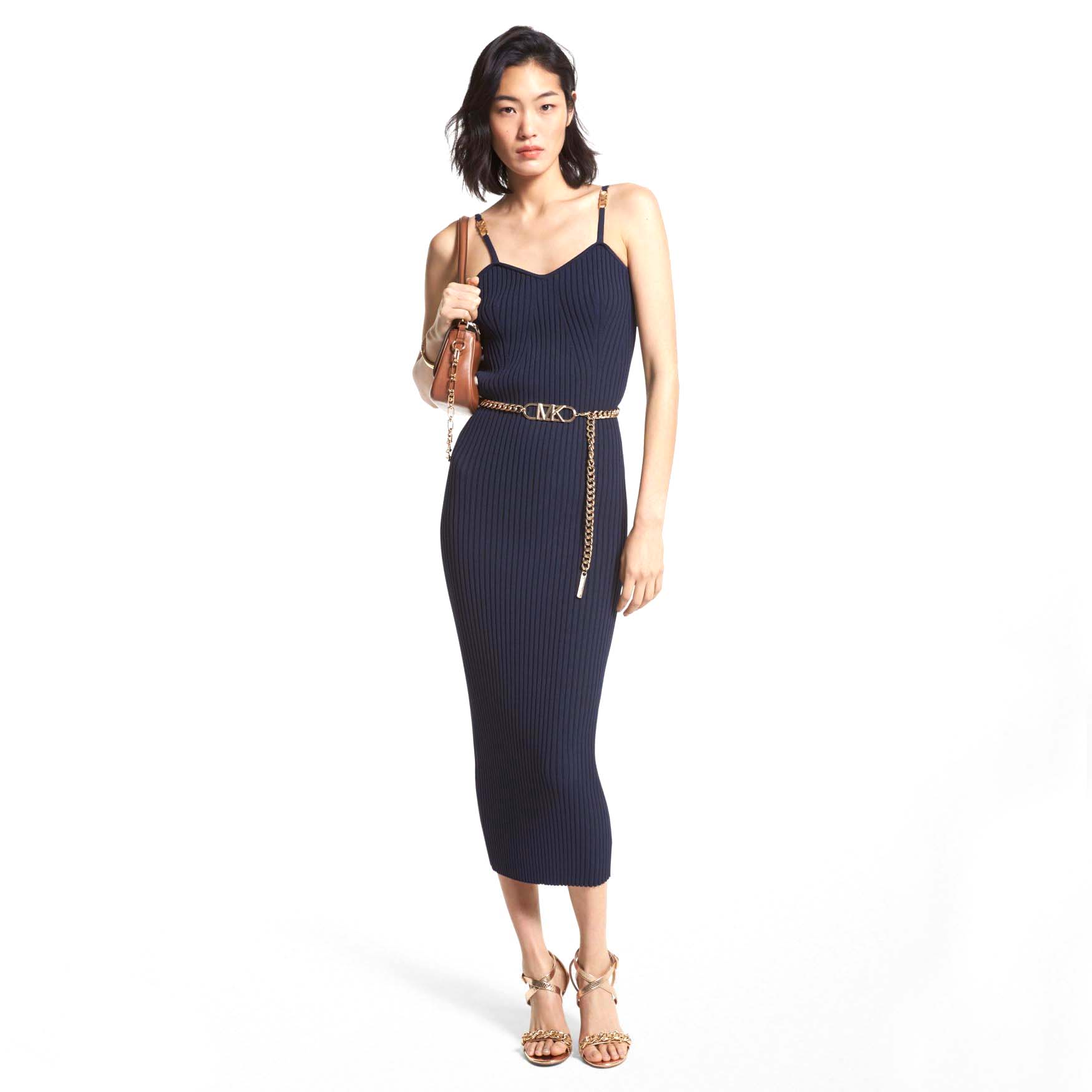 

Платье Michael Michael Kors Ribbed Stretch Viscose Belted, темно-синий