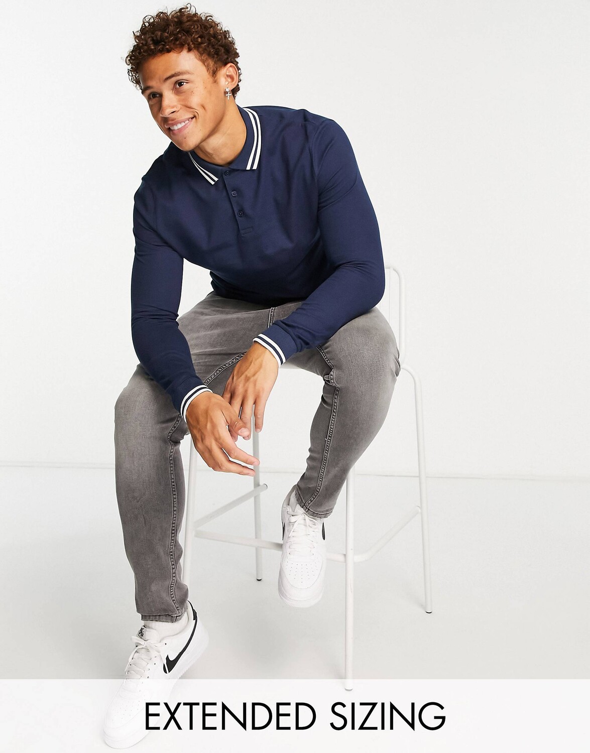 

Темно-синяя рубашка-поло из пике с длинными рукавами ASOS DESIGN, Синий
